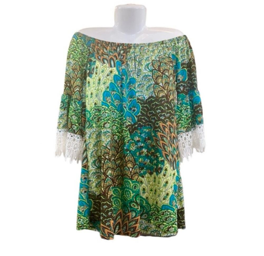 WinWin Women's Multicolor Feather 3/4 Slv Lace Cuff Detail Tunic Top SZ L/XL